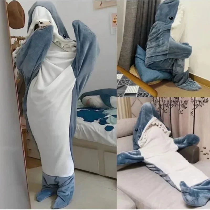 Cartoon Shark Blankets Flannel Women Pajamas Kawaii Soft Warm Shawl Plaid Blanket Shark Gown Wearable Bathrobe Comfy Homewear