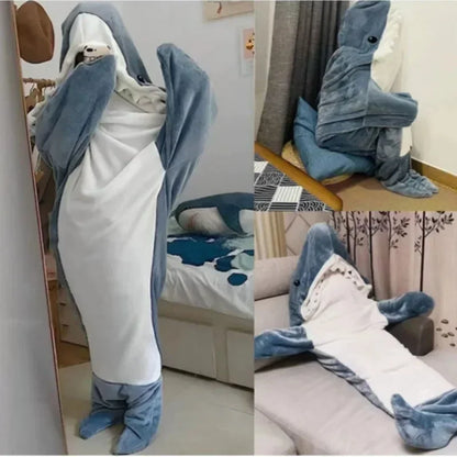 Cartoon Shark Blankets Flannel Women Pajamas Kawaii Soft Warm Shawl Plaid Blanket Shark Gown Wearable Bathrobe Comfy Homewear