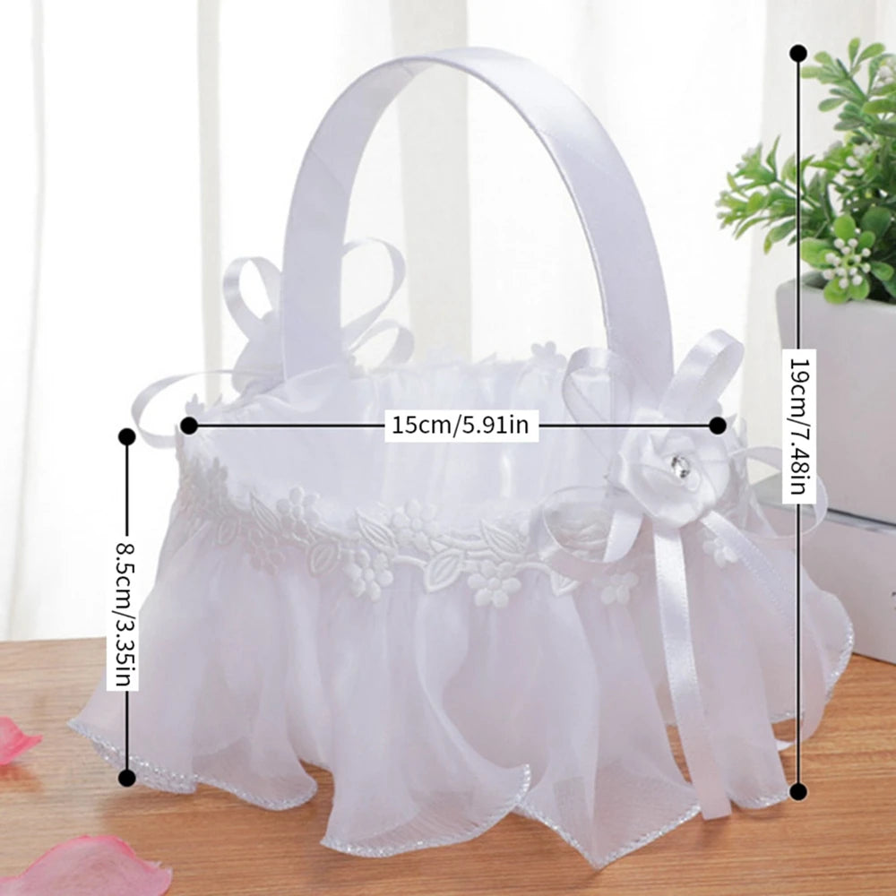 White Flower Girls Basket Simple Wedding Flower Basket  Bride Bridesmaid Hand Held Basket Wedding Ceremony Party Decorations