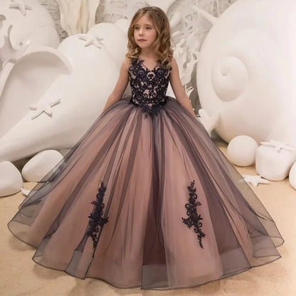 BABYONLINE Long Sleeve Flower Girl Dresses For Wedding Guest Kids Bridesmaid With Bow White Ivory Lace Tulle First Communion