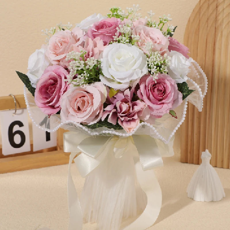 Wedding Bouquets for Bride Babysbreath Rose Bridesmaid Bouquets Silk Ribbon Valentine's Day Decoration Pearl Lace Mesh Ball Gift