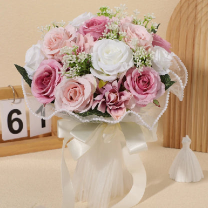 Wedding Bouquets for Bride Babysbreath Rose Bridesmaid Bouquets Silk Ribbon Valentine's Day Decoration Pearl Lace Mesh Ball Gift