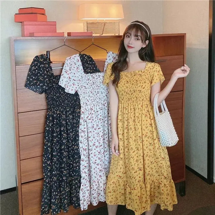 2025 Spring Summer New Dress Women Mini Dresses Female Short Sleeve Elastic Bust Printed Floral Pleated Backless Casual Dress