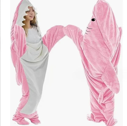 Cartoon Shark Blankets Flannel Women Pajamas Kawaii Soft Warm Shawl Plaid Blanket Shark Gown Wearable Bathrobe Comfy Homewear
