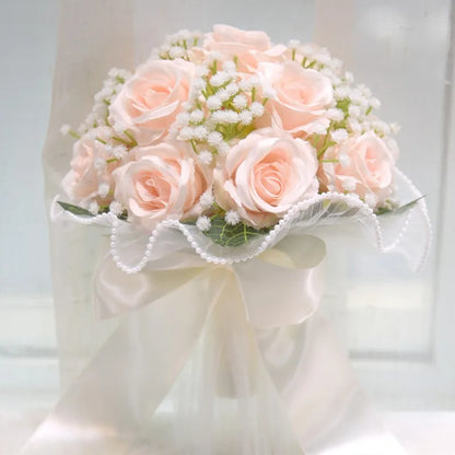 Wedding Bouquets for Bride Babysbreath Rose Bridesmaid Bouquets Silk Ribbon Valentine's Day Decoration Pearl Lace Mesh Ball Gift