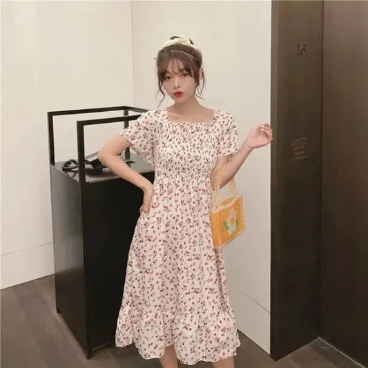 2025 Spring Summer New Dress Women Mini Dresses Female Short Sleeve Elastic Bust Printed Floral Pleated Backless Casual Dress