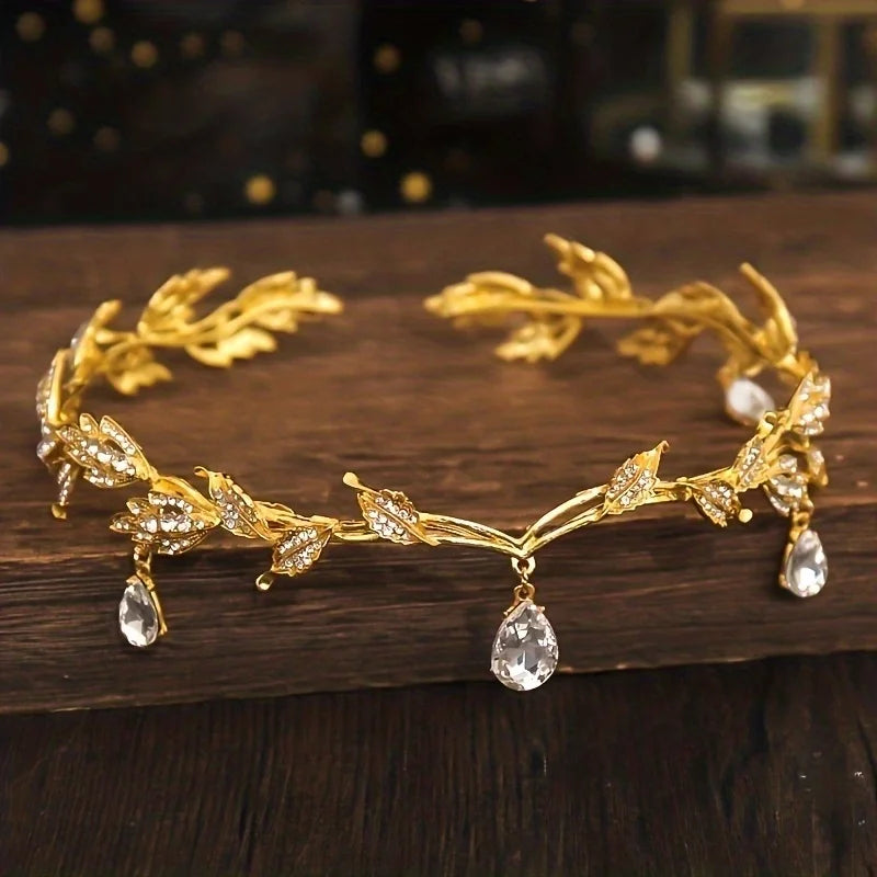 Vintage Fairy Crown Tiaras Crystal Leaves Elf Tiara Bandana Hair Accessories for Women Costume Hair Jewelry