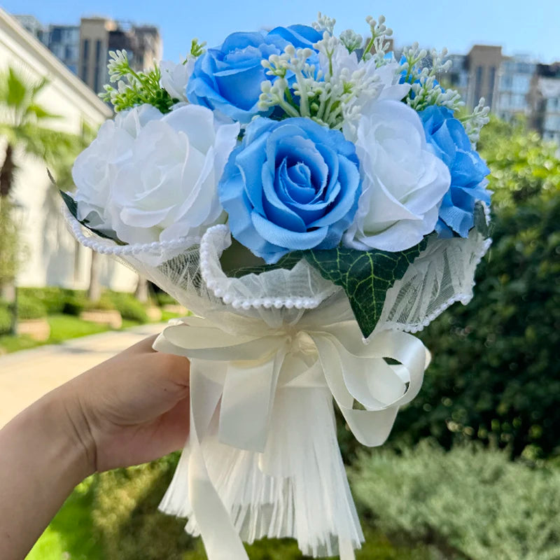 Wedding Bouquets for Bride Babysbreath Rose Bridesmaid Bouquets Silk Ribbon Valentine's Day Decoration Pearl Lace Mesh Ball Gift