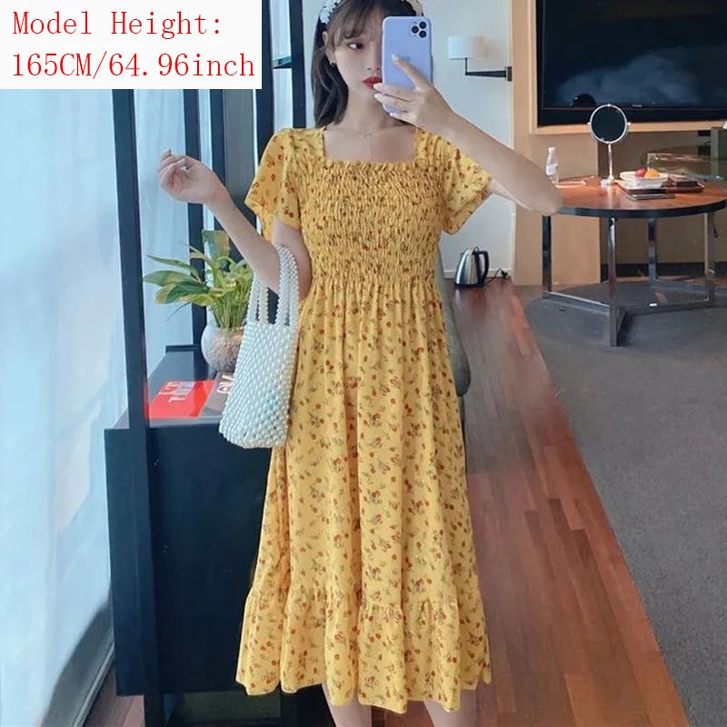2025 Spring Summer New Dress Women Mini Dresses Female Short Sleeve Elastic Bust Printed Floral Pleated Backless Casual Dress