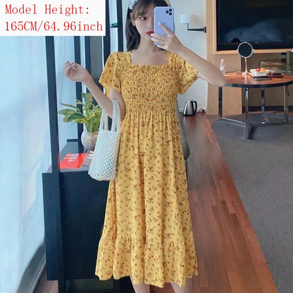 2025 Spring Summer New Dress Women Mini Dresses Female Short Sleeve Elastic Bust Printed Floral Pleated Backless Casual Dress