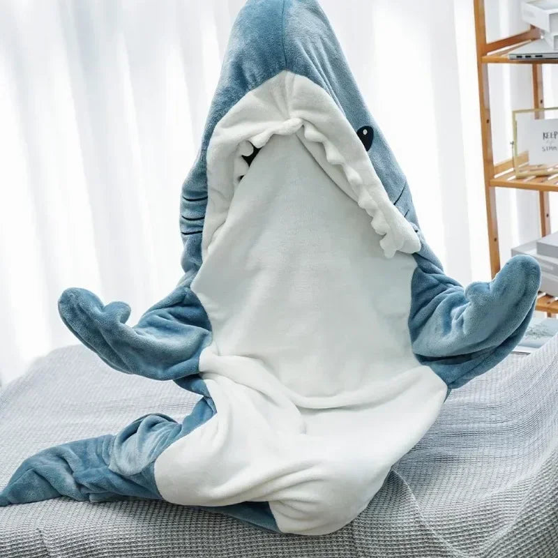 Cartoon Shark Blankets Flannel Women Pajamas Kawaii Soft Warm Shawl Plaid Blanket Shark Gown Wearable Bathrobe Comfy Homewear