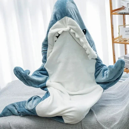 Cartoon Shark Blankets Flannel Women Pajamas Kawaii Soft Warm Shawl Plaid Blanket Shark Gown Wearable Bathrobe Comfy Homewear