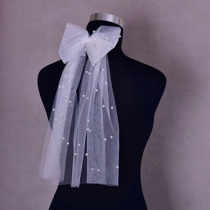 Women Long Ribbon Mesh Bow Hair Clips Elegant Pearls Hairpin White Mesh Hairpins Wedding Party Bride Hair Accessories