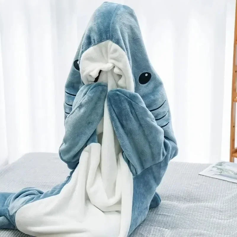 Cartoon Shark Blankets Flannel Women Pajamas Kawaii Soft Warm Shawl Plaid Blanket Shark Gown Wearable Bathrobe Comfy Homewear