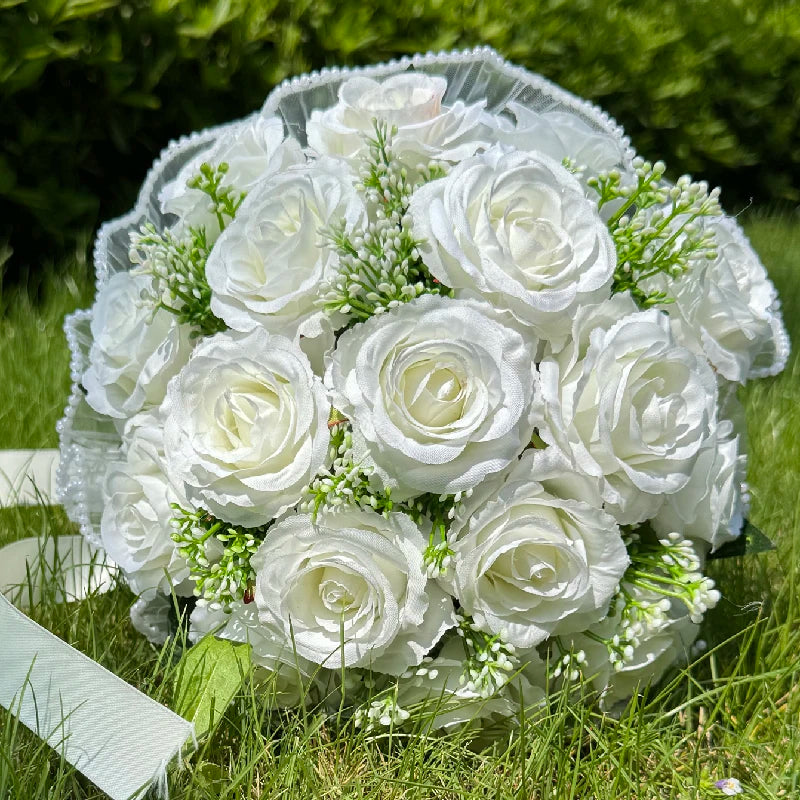 Wedding Bouquets for Bride Babysbreath Rose Bridesmaid Bouquets Silk Ribbon Valentine's Day Decoration Pearl Lace Mesh Ball Gift