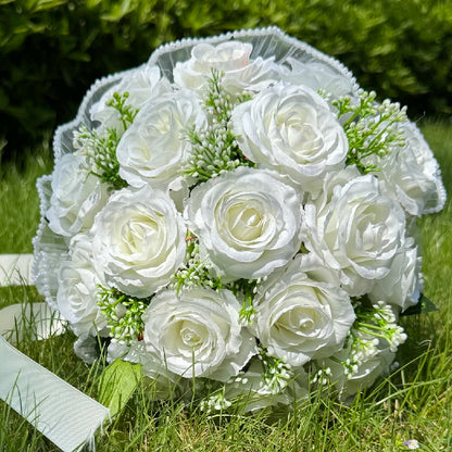 Wedding Bouquets for Bride Babysbreath Rose Bridesmaid Bouquets Silk Ribbon Valentine's Day Decoration Pearl Lace Mesh Ball Gift