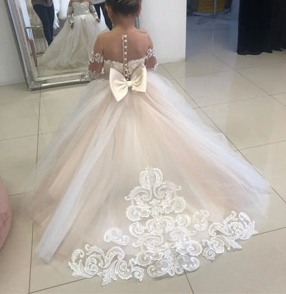 BABYONLINE Long Sleeve Flower Girl Dresses For Wedding Guest Kids Bridesmaid With Bow White Ivory Lace Tulle First Communion